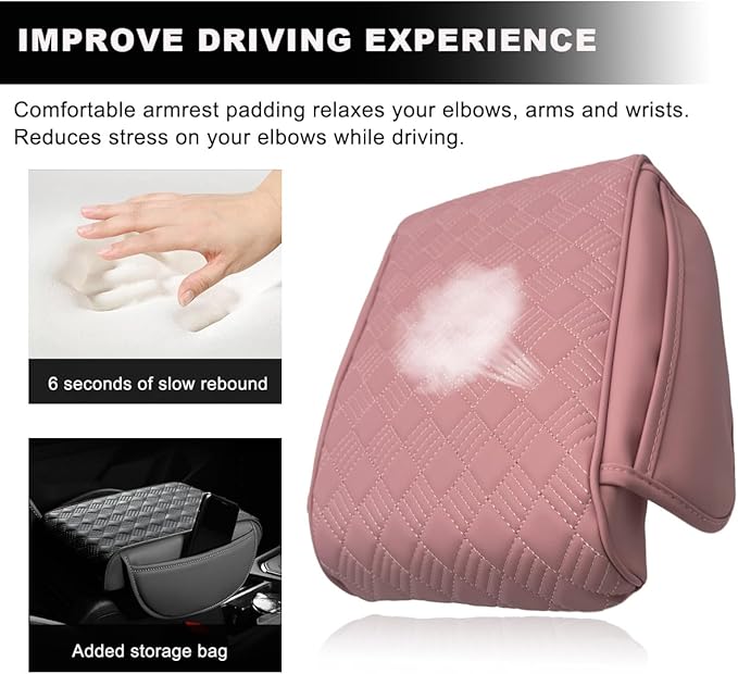 Car Center Console Cover, 12.6"×8.7" Waterproof Leather Auto Armrest Box Protector Elbow Pillow with Storage Pocket, Comfortable Memory Foam Arm Rest Box Cushion Pad, Car Accessories (Pink)