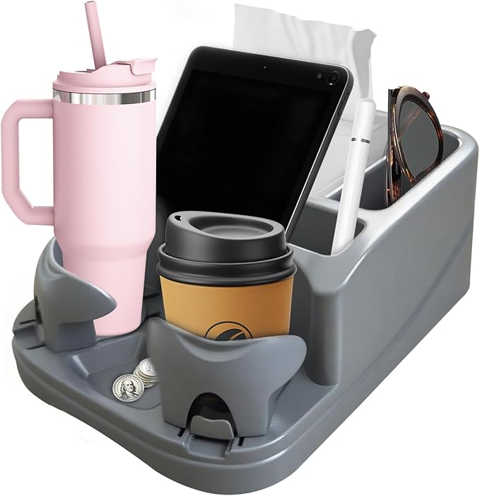 Car Center Console with Adjustable Cup Holders, Universal Center Console Organizer for Truck, Cars, Minivans, Suvs, Truck Floor Console, Bench Seat Center Console (Gray)