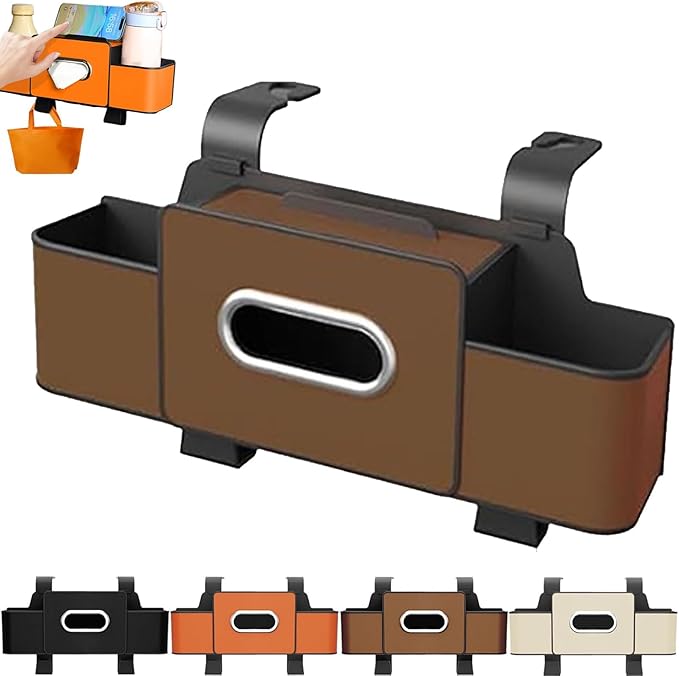 Car Organizers and Storage Box, Car Headrest Organizer Back Seat, Car Multifunctional Seat Back Waterproof Storage Bag, Car Seat Back Storage Box with 2 Cup Holders＆hooks (Brown, 1pcs)