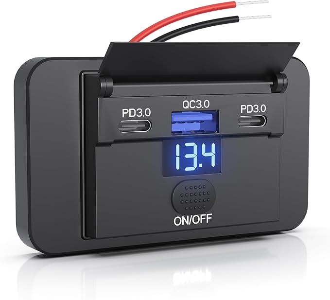 90W 3 Ports 12V RV USB Switch Outlet with 36W PD3.0 Type-C+18W QC3.0 Quick Charging Charge Voltmeter Socket Panel Wall Mount Automotive Multi-Port Charger Adapter for Car Marine Truck Boat Bus