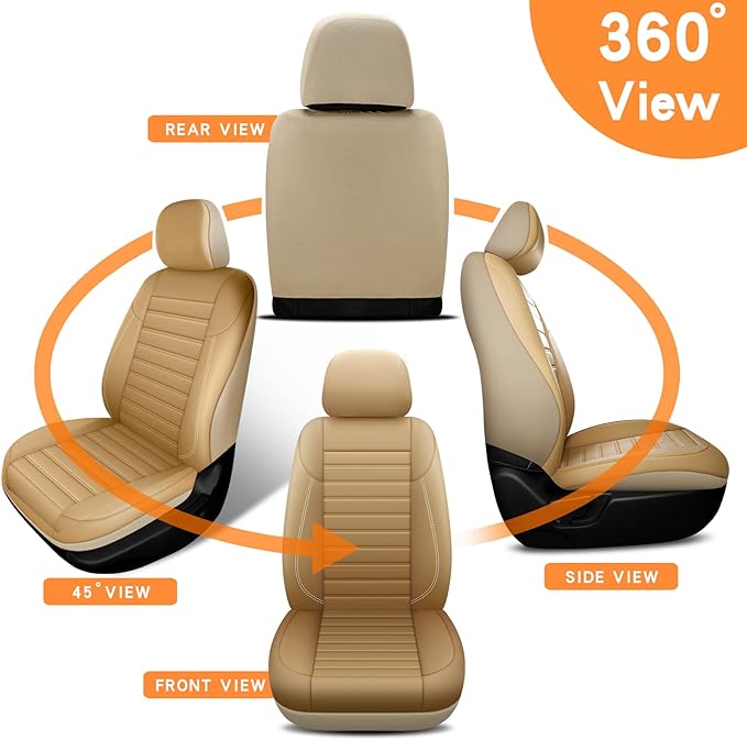 crossmiles Faux Leather Car Seat Covers Full Set, Foam Seat Cover for Car, Universal Car Seat Protector with Waterproof and Breath Fit for Cars, Trucks, SUV, Vans (Beige-Striped)