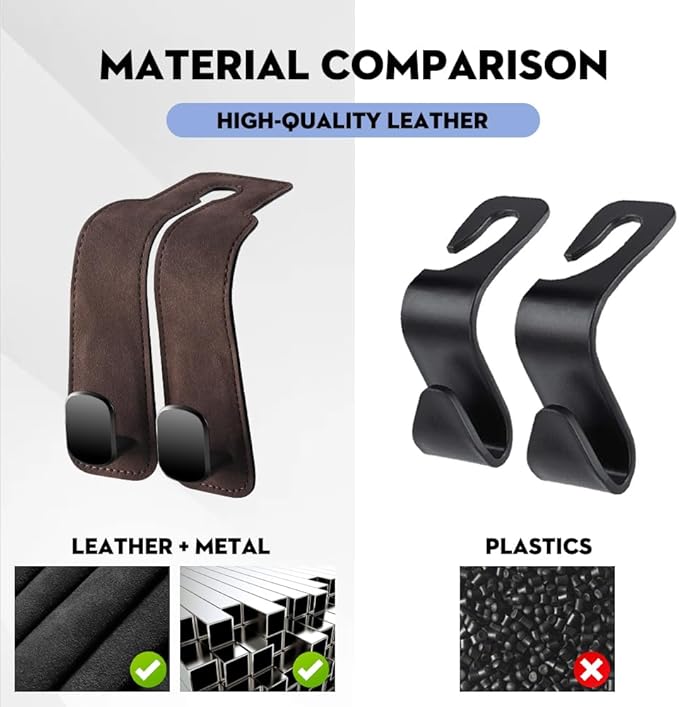 NHHEO Car Purse Hook for Headrest, Car Seat Back Storage Hook Bendable Leather Universal Vehicle Car Bag Hooks(Brown)
