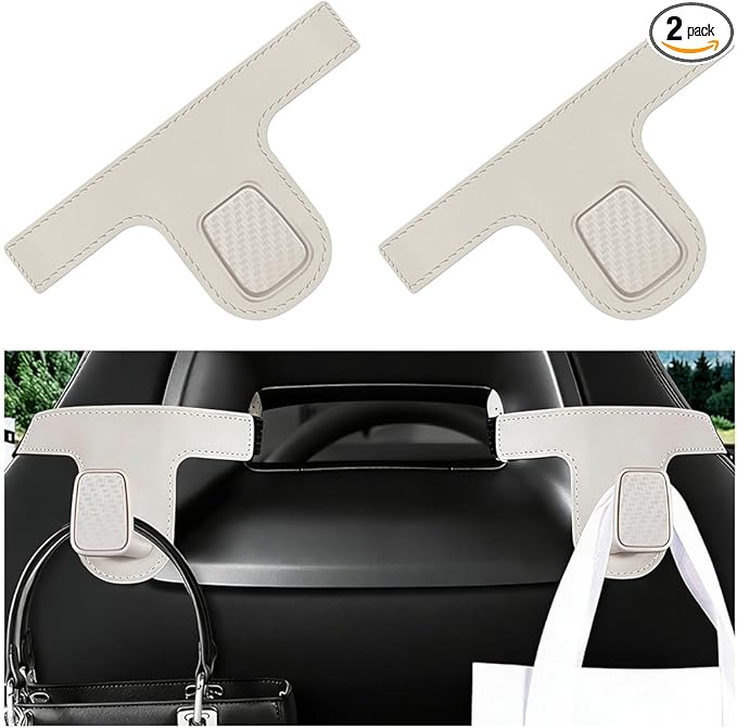 HZEL Car Seat Headrest Hook, 2PCS Vehicle Back Seat Hanger Holder Hook, Multipurpose Automotive Interior Headrest Storage Organizer for Purses Bags Coats, UniversalFit (Beige White)