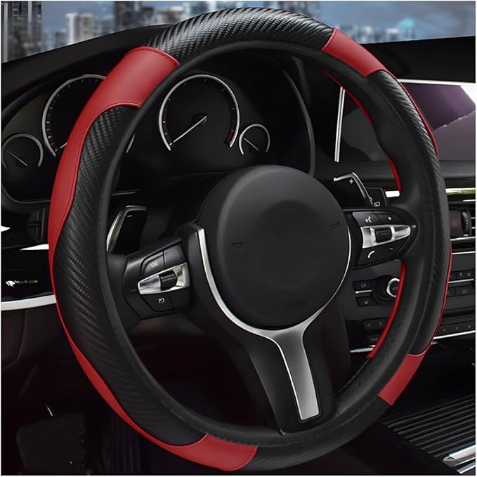 Elastic Steering Wheel Cover - Microfiber Leather Carbon Fiber Protector, Anti-Slip Lining, Wine Red