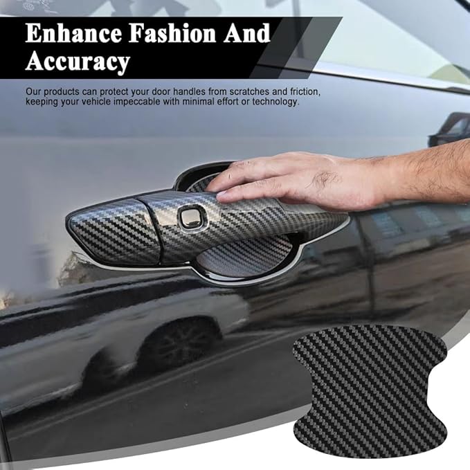 4PCS Car Door Handle Cup Scratch Protector, Carbon Fiber Self-Adhesive, Black, 9*10cm, Universal, Pull Handle, Sticker Attachment