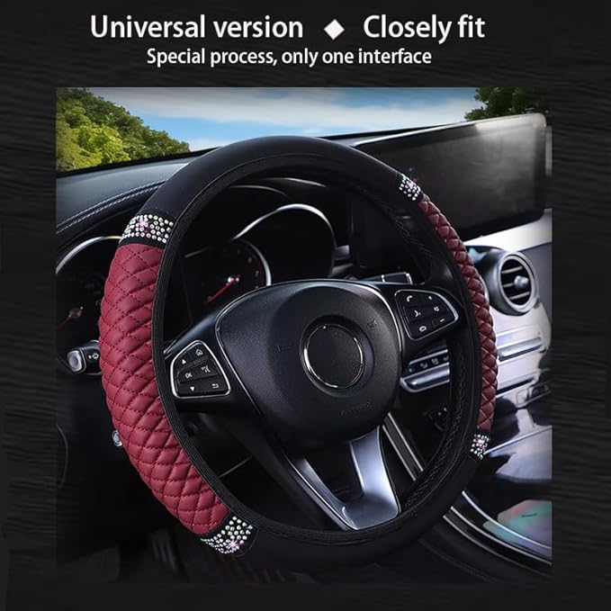 WLERIR Microfiber Leather Steering Wheel Cover with Anti-Slip Lining Universal Car Accessory for Steering Wheel with a Diameter of 14.5-15 inch (Wine red)