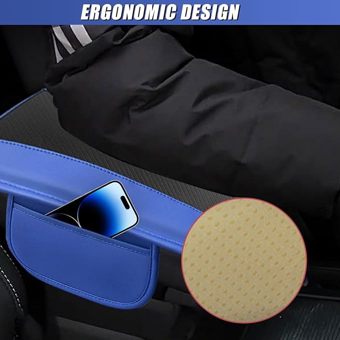Car Center Console Cover, Carbon Fiber Leather Car Armrest Cover Protector, Auto Middle Console Support Pad with Side Storage, Universal Storage Box Cushion for Most Vehicle Interior (Blue)