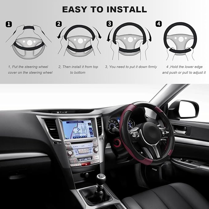 Car Steering Wheel Cover, 15 Inch Carbon Fiber Elastic Vehicle Steering Wheel Protector, Breathable Leather Auto Wheel Covers for Women Men, Interior Car Accessories (Wine Red)