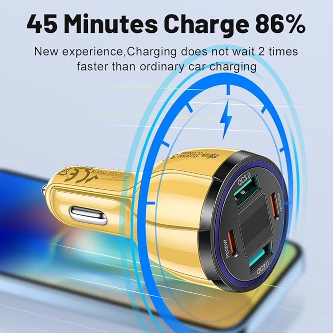 USB C Car Charger Adapter with Voltmeter Compatible with iPhone, Android, Samsung, iPad Pro, PD30W &QC3.0 Multi Port Fast Charging (Yellow)