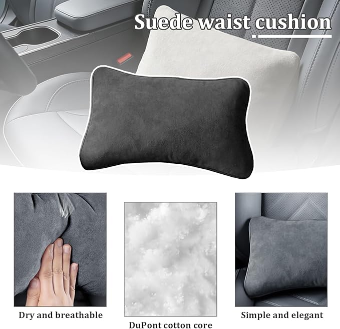 Car Lumbar Support Pillow, Suede Leather Vehicle Driving Seat Lumbar Support Pillow for Lower Back Pain Relief, Auto Interior Back Cushion Pad, Universal for SUV Sedan Truck (Carbon Black)