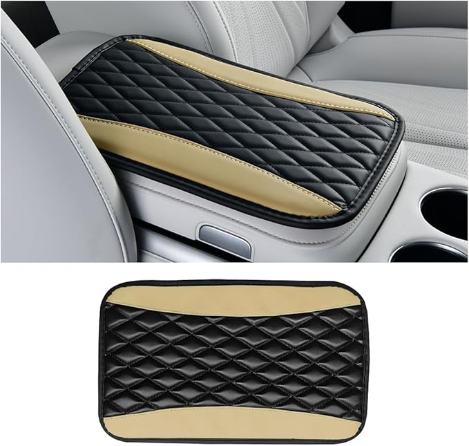 Car Center Console Cover, PU Leather Waterproof Vehicle Armrest Seat Box Protector, Automotive Interior Arm Rest Cushion Protection Accessories, Universal for SUV Sedan Truck (Black/Beige)