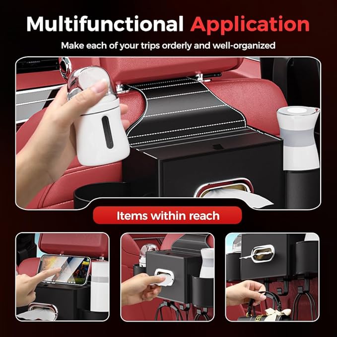 3-in-1 Car Backseat Organizer with Cup Holder, Tissue Box, Trash Bin & Hooks,Multifunctional Back Seat Car Organizer for Hold Phones,Snacks,Drinks,and Handbags (A-Beige)