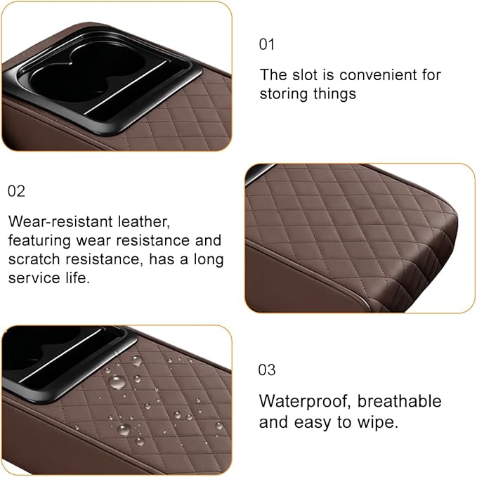 Car Center Console Armrest Pillow, Leather Vehicle Middle Console Protection Cushion with Cup & Phone Holder, Waterproof Automotive Arm Rest Box Cover, Universal Fit (Coffee Rhombus)