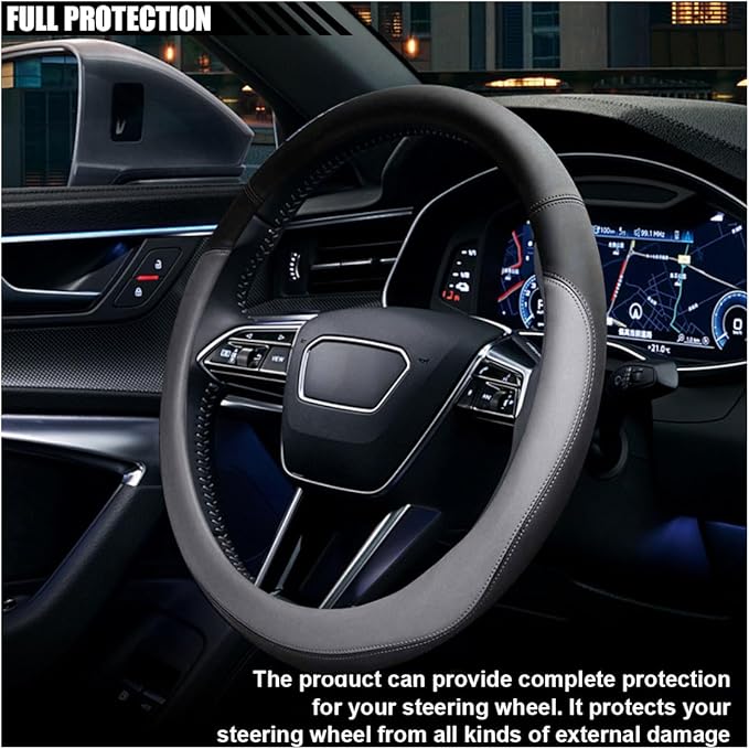 14.5"-15" Car Steering Wheel Cover, Microfiber Leather Cover, Anti-Slip Breathable Steering Wheel Decoration, Universal Steering Wheel Accessories for Diverse Cars (Gray)