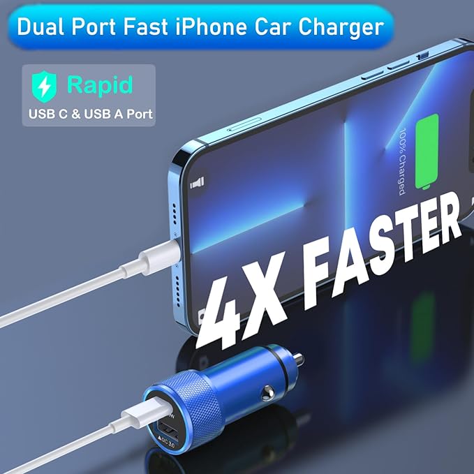iPhone Car Charger, 2Pack Blue Apple Fast Car Charger iPhone [Apple MFi Certified] Dual Port PD&QC 3.0 Cigarette Lighter iPhoneCar Charging Adapter Lightning Cable for iPhone14/13/12/Pro Max/AirPods