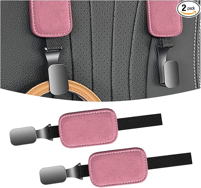 AUCELI Car Seat Headrest Suede Hook, 2 Pack Auto Seat Back Hooks, Suede Storage Organizer with Metal Hanger, Vehicle Backseat Hangers, Creative Interior Accessories for Hanging Grocery Purse (Pink)