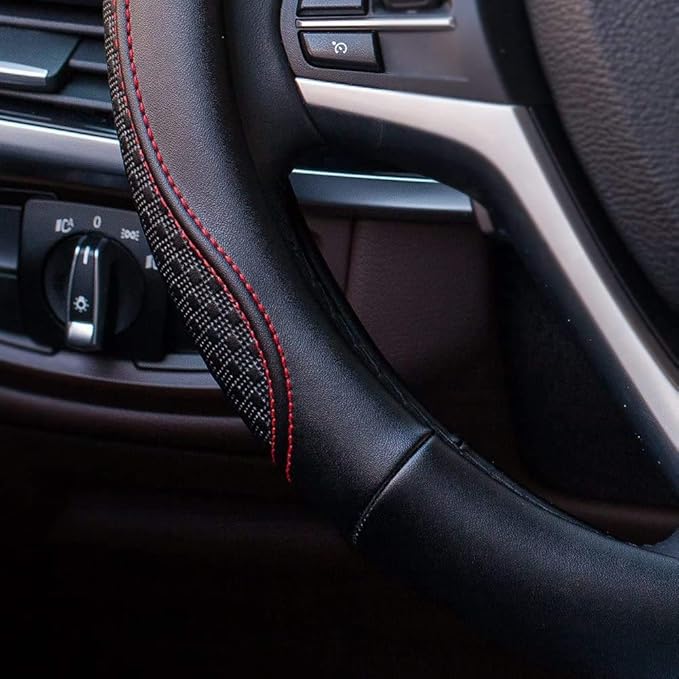 Valleycomfy Leather Steering Wheel Covers Universal 15.75 inch -Breathable, Anti Slip & Odor Free (Black with Red Lines,L(15" 1/2-16"))