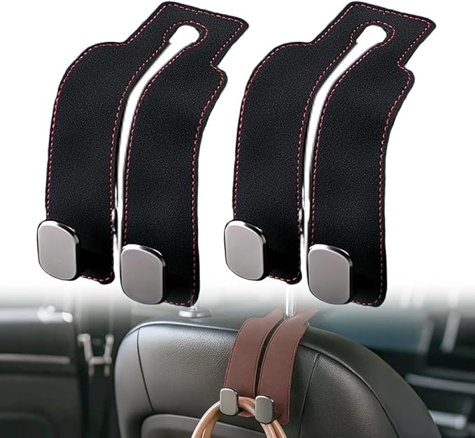 Medech Headrest Hooks for Car Car Seat Hooks for Headrest, 2025 Hooks for Purses and Bags Cute Car Purse Holder,Twinhook Leather Headrests Hangers Seat Back Organizers (Black-2pcs)