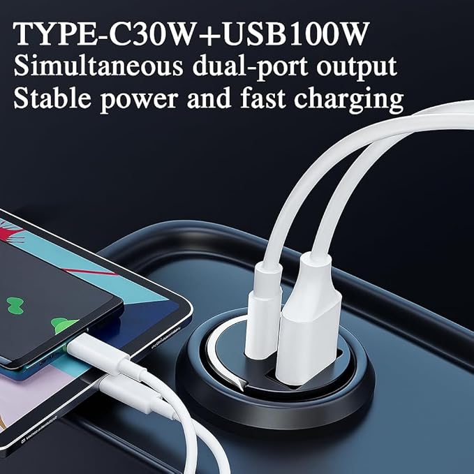 130W Mini Car Charger+3in1 USB Cable Fast Charging[QC100W+PD30W] Invisible Flush Fit Cigarette Lighter Adapter with Type C Cable,Dual Port for iPhone iPad Samsung MacBook Laptop Dashcam