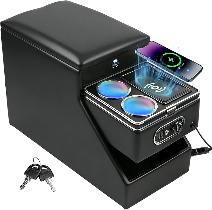 Center Console Organizer for Minivans, SUVs & Middle Van Seats - Floor-Mounted Lockable Storage Box with Dual Cup Holders, 7-Color Ambient Light & Wireless Charging, Ideal for Vehicle Interior