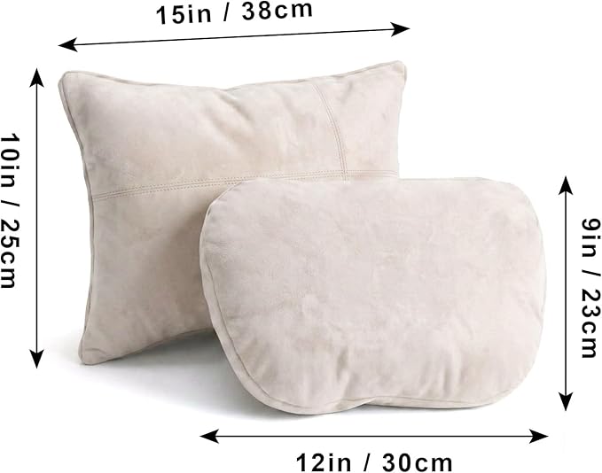 2PCS Car Pillow for Car Neck Pillow for Driving Seat Leather Neck Support Soft Cushion Back Support Head-Rests for Vehicle Sleeping with Elastic Adjustment Strap (Beige, Head and Lumbar)