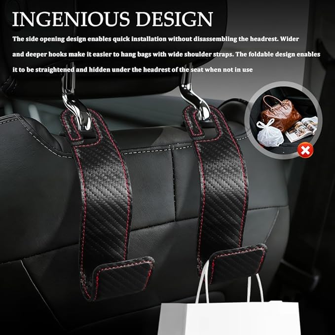 1PCS Purse Holder for Car, Purse Hook for Car, Leather Headrest Hooks for Automotive Back Seat, Auto Accessories Back Seat Organizer Hook for Grocery Bag Handbag Coat (Carbon Fiber, 1PCS)