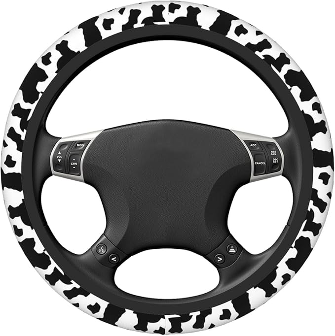 Black White Cow Print Neoprene Steering Wheel Cover for Men Women Anti-Slip Elastic Steering Wheel Protective Cover 15in Universal Car Accessories Fit Cars, SUVs, Auto