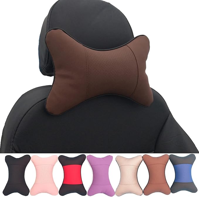 Thomakoo Car Neck Pillows 2pcs Pack Car Headrest Pillow Pu Leather Car Cervical Pillows for Traveling Car Pillows Filled by Fiber (Brown)