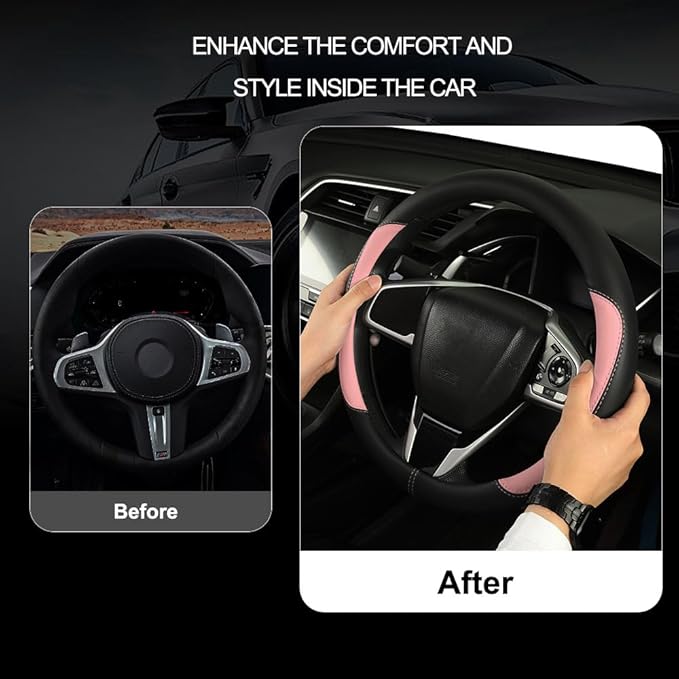Car Steering Wheel Cover,Microfiber Leather Steering Wheel Cover Universal 14.5-15 inch, Anti-Slip Breathable Auto Wheel Cover Protector for Men Women (Black&Pink)