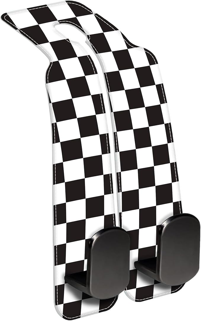 AEWNUNK Car Headrest Purse Hanger Black and White Checkered 1 Pack Bag Purse Holder for Car Premium Leather Double Metal Hook for Handbags, Grocery Bags and Phones