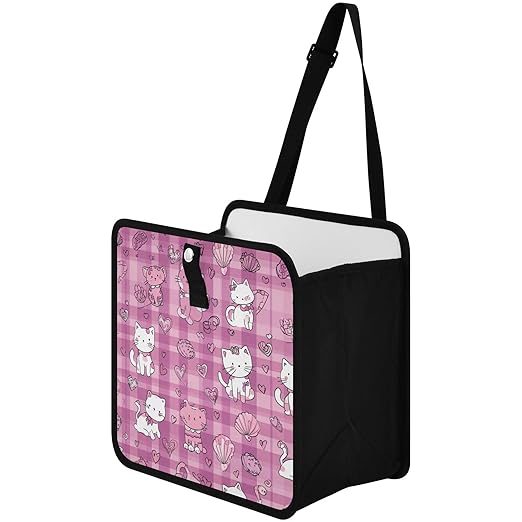 Car Trash Can Organizer Bin with Adjustable Strap for Back Front Seat Console Waterproof Leakproof Collapsible Portable 11 Inch Checkered Pink Kittens Hearts Shells