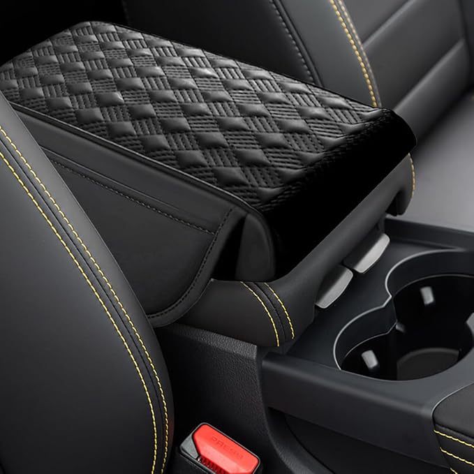 Car Center Console Cover with Storage Pocket, Waterproof Leather Car Armrest Cover Cushion Pad Distributes Elbow Stress, Non-Slip Middle Console Storage Box Covers for Most Vehicles (Black)