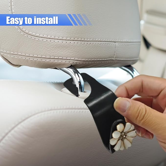 Craedli 2PCS Bling Flower Car Seat Headrest Hook, Cute Rhinestones Car Mini Hook Auto Back Seat Hanger Organizer, Portable Vehicle Interior Bag & Purse Storage Holder for SUV, Sedan, Truck (White)