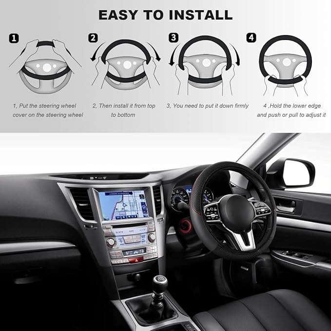 Car Steering Wheel Cover, 15 Inch Carbon Fiber Elastic Vehicle Steering Wheel Protector, Breathable Leather Auto Wheel Covers for Women Men, Interior Car Accessories (Black, AD)