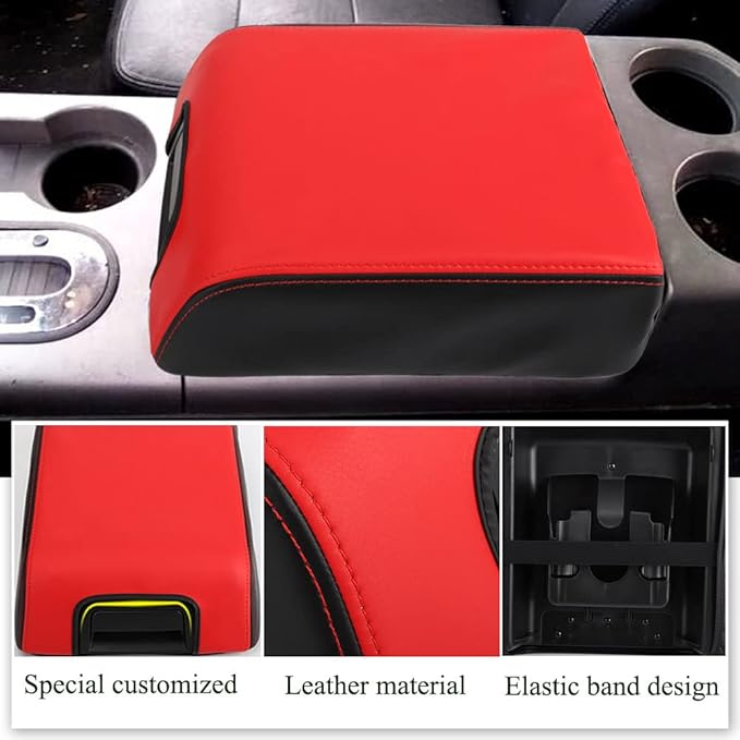 XITER 1PC Leather Center Console Armrest Box Cover Waterproof Cushion Pad for F150 2004-2008 Not Fit Jump Seat Console(Red+Black)