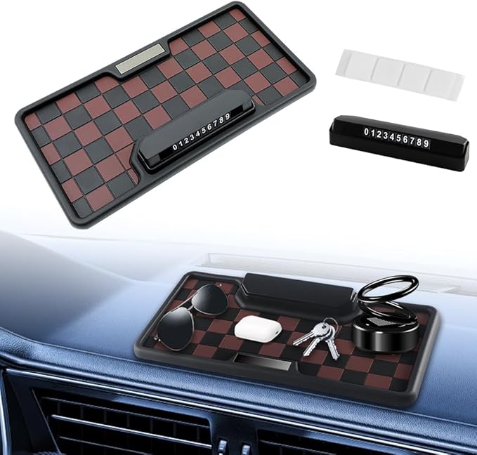 NHHEO Car Anti Slip Mat Dashboard Tray Decorations Sticky Pad Multi Functional Thicken Washable Checkerboard Design with Universal Number Plate for Aromatherapy Sunglasses Key(Black&Brown)