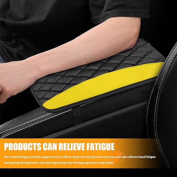 Car Center Console Cover, Leather Waterproof Armrest Seat Box Cushion Pad, Universal Decor Protector Mat, Comfortable Car Decor Accessories Fit for Most Cars, Vehicles, SUVs (Yellow)