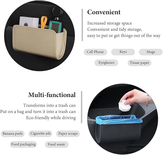 Car Trash Can, Leather Foldable Hanging Trash Bag, Multi-Function Mini Storage Box Garbage Can for Car Back Seats and Side Door, Beige