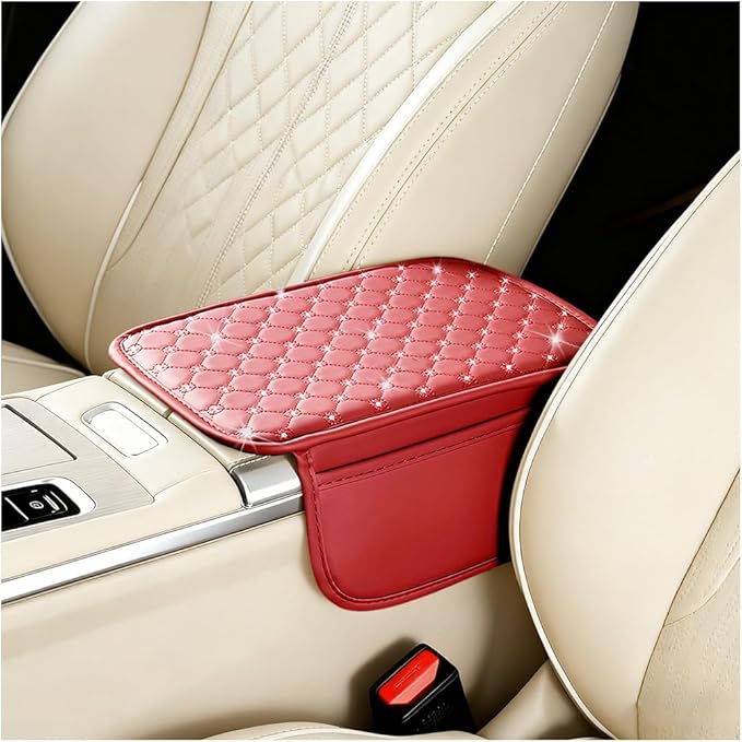 Car Center Console Cover, Leather Vehicle Armrest Storage Box Protector with 2 Storage Bags, Automotive Interior Middle Console Cushion Pad, Universal for SUV Sedan Truck (Wine Red)