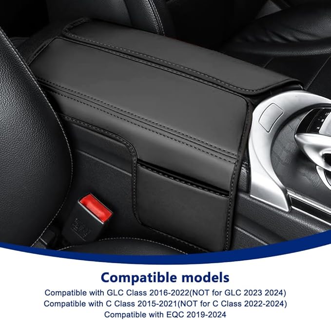 Center Console Cover Compatible with Benz C Class W205 C200 C250 C300 2015-2021 GLC 2016-2022 Class EQC 2019-2024,Armrest Cover Pad Leather Cushion Protector with Black Storage Pocket