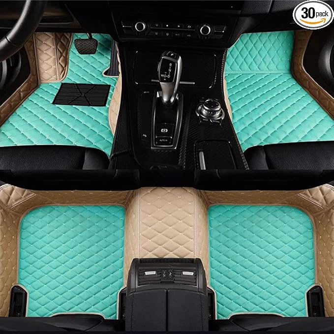 Custom Luxury Leather Car Floor Mats Upgrade Your Car's Interior All-Weather Protection for Cars, SUVs, Trucks Compatible with Automotive Floor Mats (Beige+Tiffany Blue)
