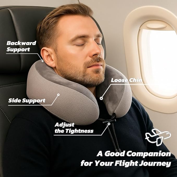 Flioriel Travel Pillow for Airplane with Soft Memory Foam, U-Shaped Neck Support, Plush & Waffle Washable Cover with Lanyard for Car, Office & Camping (Black)
