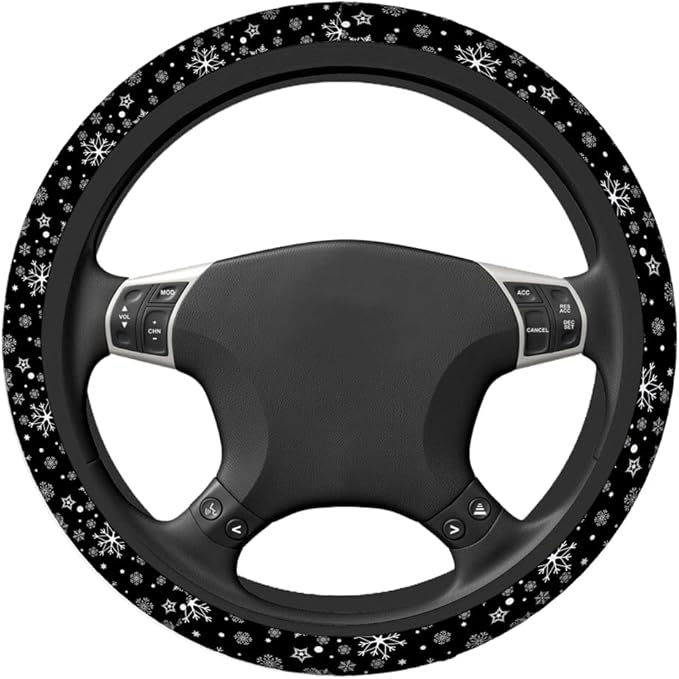 Swono Snowflakes Car Steering Wheel Covers Snowflakes On A Black Universal Fit 15 Inch Anti-Slip Steering Wheel Protector Cover Stretch-On Fabric Automotive Car SUV Sedans