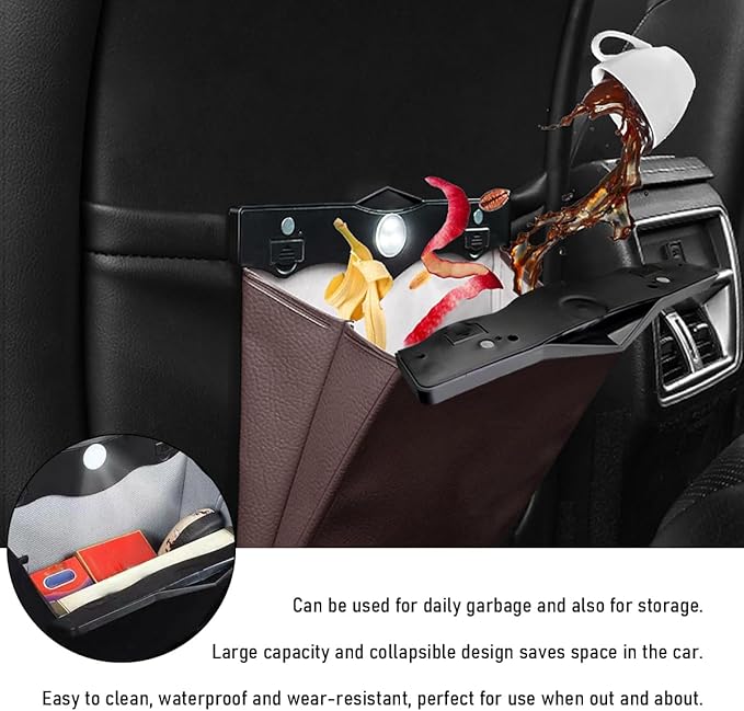 Hanging Car Trash Bag, Foldable Magnetic Garbage Can with Smart LED for Front Back Seat, Multi-Functional Waterproof Leather Rubbish Bag Storage Pocket, Car Accessories (Brown)
