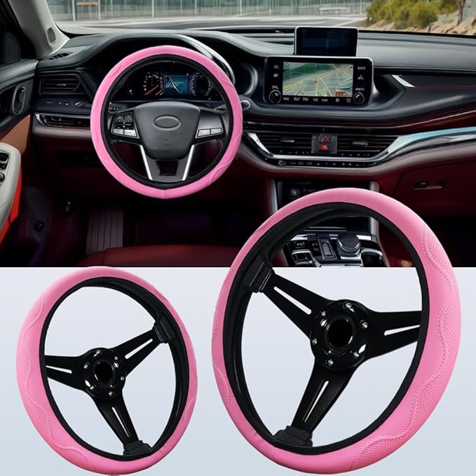Pink Steering Wheel Cover Elastic Universal 14-15 inch Steering Wheel Covers Soft Microfiber Leather Breathable Anti-Slip Durable Car Accessories Fit for Suvs, Vans, Trucks