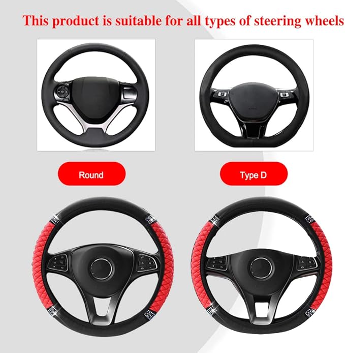 Bling Soft Leather Steering Wheel Cover, Anti-Slip Car Steering Wheel Protector, 15 Inch Rhinestones Soft Leather Elastic Steering Wheel Protector for Women Girls, Car Accessories for Most Cars
