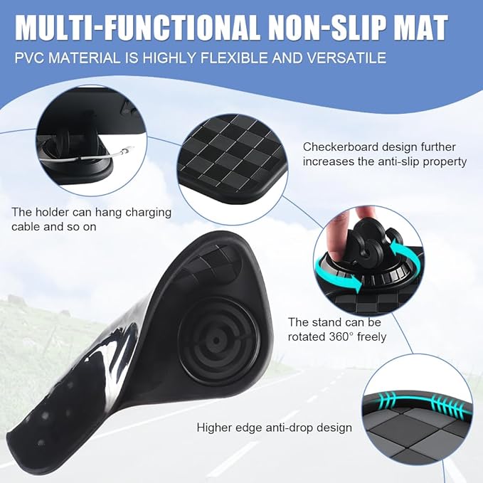 NHHEO Car Anti Slip Mat Dashboard Tray Decorations Sticky Pad Multi Functional Ultra Thick with 360° Rotating Universal Phone Pad Holder+Number Plate, Washable Checkerboard Design(Black&Gray)