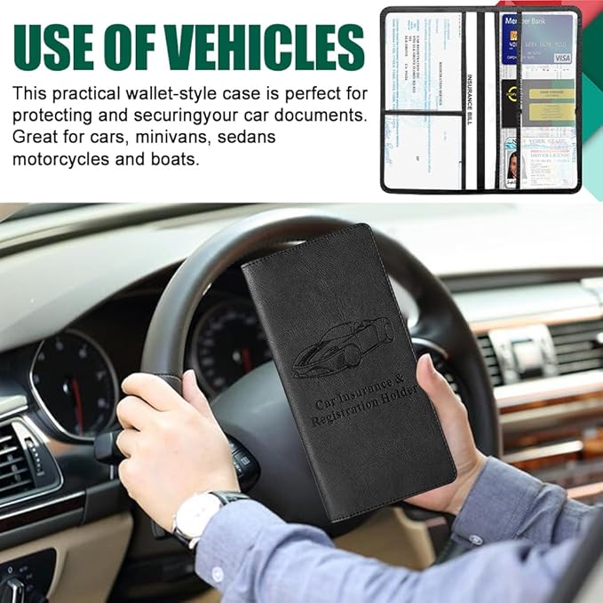 Vehicle Glove Box Car Organizer, Car Registration and Insurance Holder, Insurance Card Holder for Cars, Leather Card Holder Interior Auto Accessories for Women (Black/Large)