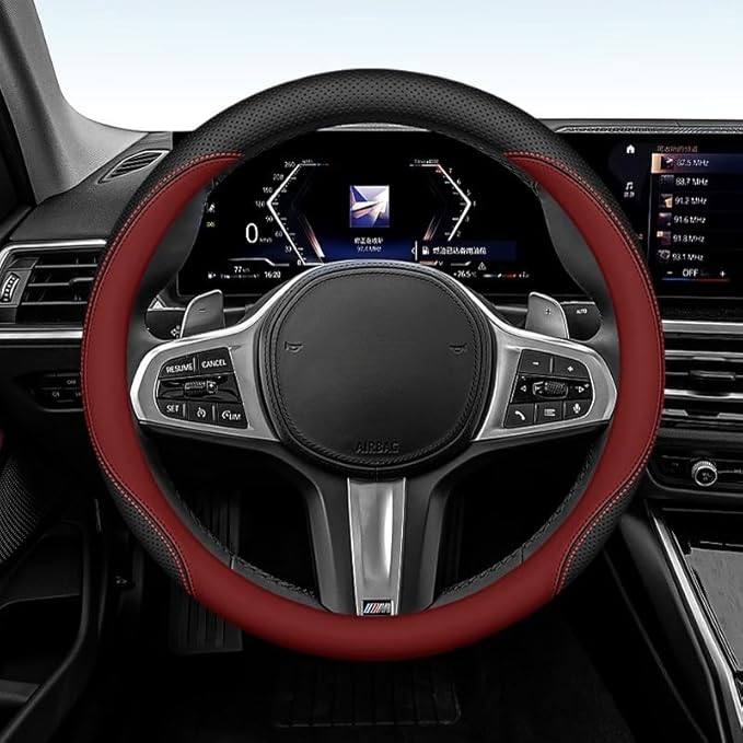 Leather Steering Wheel Cover 15 Inches Car Steering Wheel Cover Stretchy Easy Installation Durable Breathable Non-Slip for Honda Civic Accord Fit CRV HRV Pilot Odyssey Accessories -Red