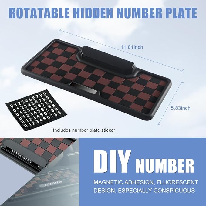 NHHEO Car Anti Slip Mat Dashboard Tray Decorations Sticky Pad Multi Functional Thicken Washable Checkerboard Design with Universal Number Plate for Aromatherapy Sunglasses Key(Black&Brown)